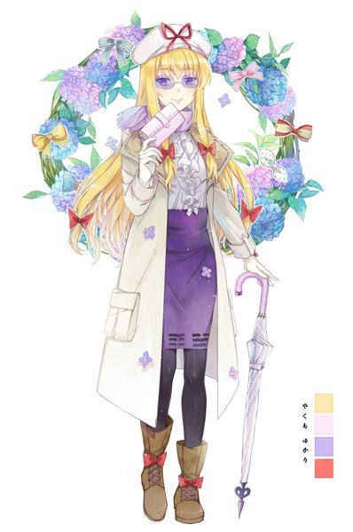 Anime-Bild 1253x1887 mit touhou yakumo yukari ekita xuan single long hair tall image looking at viewer fringe blonde hair smile white background purple eyes full body character names closed umbrella transparent umbrella adapted costume yin yang girl skirt