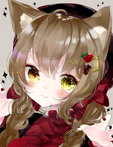 Anime picture 900x1170 with original remimim single long hair tall image looking at viewer blush brown hair animal ears yellow eyes ahoge braid (braids) nail polish grey background twin braids :3 claw pose girl bow hair bow