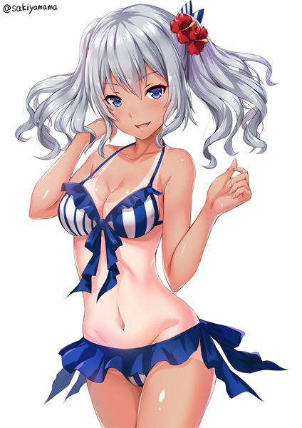Anime picture 800x1131 with kantai collection kashima training cruiser sakiyamama single long hair tall image looking at viewer blush fringe breasts open mouth blue eyes light erotic simple background smile hair between eyes standing white background twintails bare shoulders