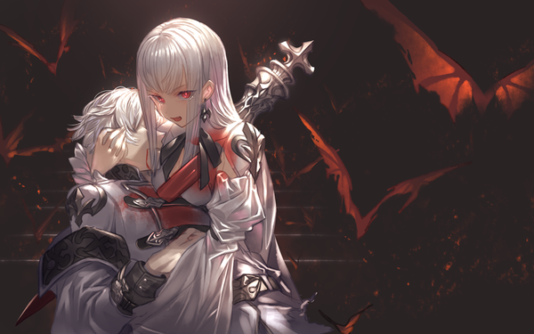 Anime picture 900x563 with original arma shape of soul makai no juumin long hair looking at viewer fringe short hair open mouth red eyes holding white hair hug tears blood on face bloody clothes bloody weapon bleeding girl boy ribbon (ribbons)
