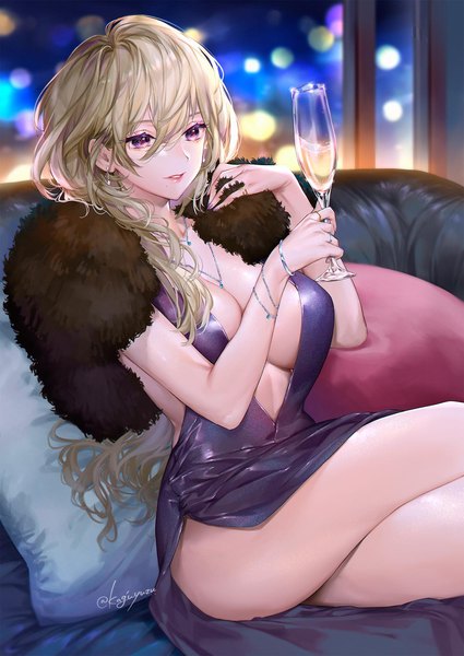 Anime picture 1063x1500 with original kaguyuzu single long hair tall image fringe breasts light erotic blonde hair hair between eyes large breasts sitting purple eyes holding signed looking away indoors nail polish parted lips mole