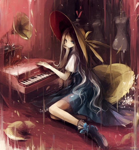 Anime picture 928x1000 with original asahiro single long hair tall image looking at viewer blue eyes sitting signed bent knee (knees) white hair chin rest knees touching broken girl dress hat shoes musical instrument straw hat
