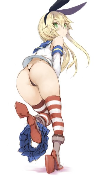 Anime picture 811x1500 with kantai collection shimakaze destroyer goekawa single long hair tall image looking at viewer blush fringe light erotic simple background blonde hair hair between eyes standing white background green eyes full body bent knee (knees) ass pleated skirt