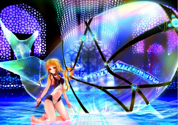 Anime picture 1753x1240 with original nazna (pixiv) long hair highres light erotic orange hair orange eyes bondage girl weapon swimsuit water gun