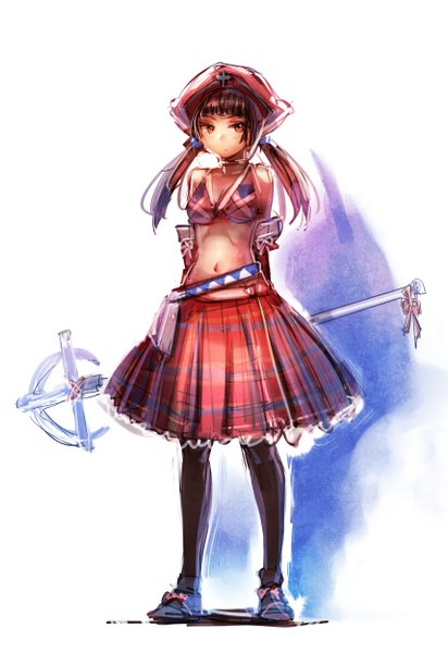 Anime picture 857x1247 with original bow (bhp) single long hair tall image looking at viewer red eyes brown hair twintails bare belly plaid skirt hands behind back girl thighhighs skirt navel black thighhighs hat shoes belt