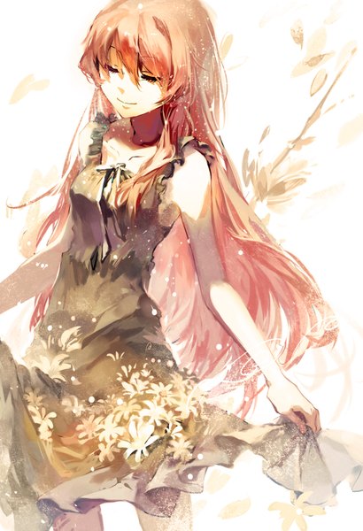 Anime picture 1228x1795 with vocaloid megurine luka cathy inaba single long hair tall image fringe simple background standing eyes closed light smile sleeveless girl dress flower (flowers) sundress