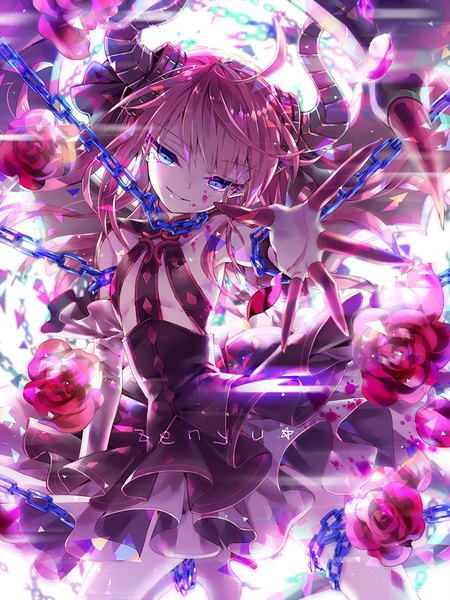 Anime-Bild 800x1067 mit fate (series) fate/grand order fate/extra fate/extra ccc elizabeth bathory (fate) (all) elizabeth bathory (fate) zenyu single long hair tall image looking at viewer blue eyes light erotic smile signed pink hair ahoge bent knee (knees) head tilt horn (horns)