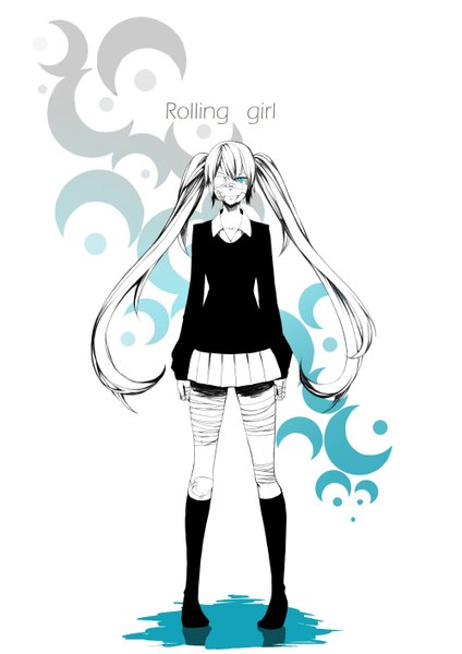 Anime picture 1000x1414 with vocaloid rolling girl (vocaloid) hatsune miku single long hair tall image looking at viewer fringe standing twintails aqua eyes hair over one eye alternate costume pale skin alternate color bandage over one eye girl skirt socks bandage (bandages)