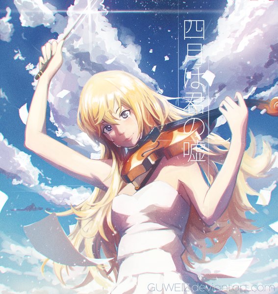 Anime picture 900x952 with shigatsu wa kimi no uso a-1 pictures miyazono kaori guweiz single long hair tall image looking at viewer fringe blonde hair bare shoulders sky cloud (clouds) grey eyes playing instrument girl dress white dress musical instrument teardrop