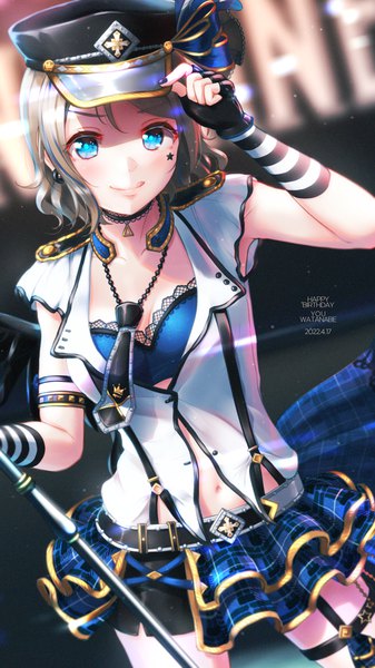 Anime picture 1242x2208 with love live! sunshine!! sunrise (studio) love live! watanabe you toine single tall image looking at viewer blush fringe short hair blue eyes smile standing indoors nail polish pleated skirt arm up grey hair armpit (armpits)