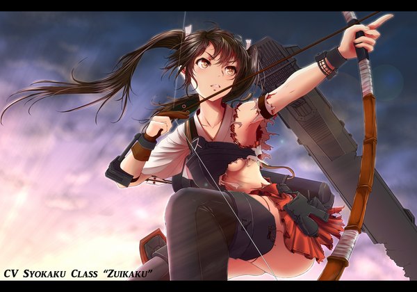 Anime picture 1825x1280 with kantai collection zuikaku aircraft carrier nuka (nvkka) single long hair highres light erotic black hair twintails brown eyes looking away torn clothes girl thighhighs weapon bow (weapon)