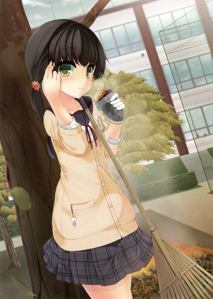 Anime-Bild 2494x3500 mit original shirasu youichi single long hair tall image looking at viewer highres black hair green eyes scan adjusting hair plaid skirt eating girl skirt uniform plant (plants) miniskirt tree (trees) serafuku