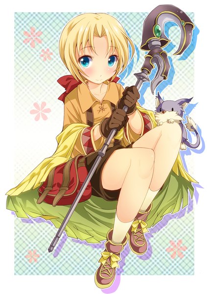 Anime picture 705x1000 with wild arms wild arms 2 tim rhymeless puka ratryu long hair tall image blush blue eyes blonde hair smile sitting looking away girl bow hair bow animal socks white socks bag