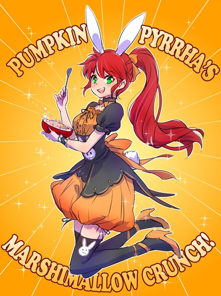 Anime picture 1490x2000 with rwby rooster teeth pyrrha nikos iesupa single long hair tall image looking at viewer open mouth green eyes animal ears full body ponytail red hair tail :d animal tail sparkle short sleeves high heels