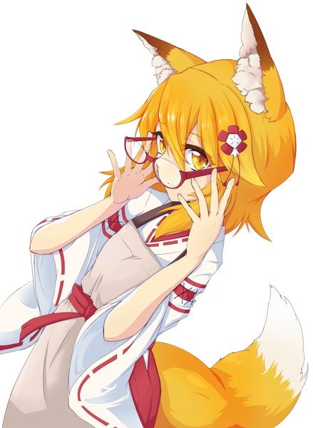 Anime picture 1735x2370 with sewayaki kitsune no senko-san doga kobo senko (sewayaki kitsune no senko-san) suu2510 single long hair tall image looking at viewer fringe highres simple background blonde hair hair between eyes standing white background animal ears yellow eyes tail traditional clothes japanese clothes