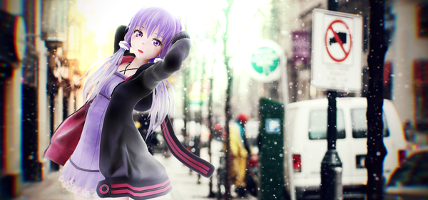 Anime picture 2560x1200 with vocaloid yuzuki yukari ristarr single long hair fringe highres open mouth wide image twintails purple hair arms up low twintails snowing winter anaglyph 3d photo background girl dress