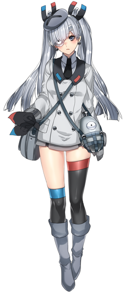 Anime picture 567x1314 with pokemon nintendo magneton katagiri hachigou single long hair tall image simple background white background grey hair black eyes girl boots bag beret eyepatch