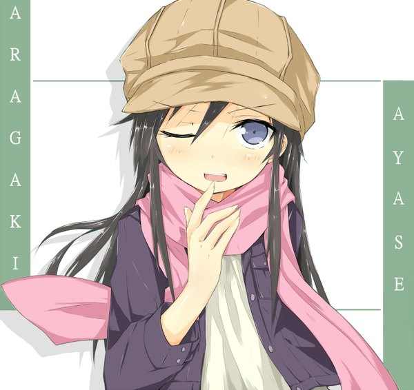 Anime picture 1440x1360 with ore no imouto ga konna ni kawaii wake ga nai aragaki ayase kitsune (scaz) single long hair black hair smile one eye closed wink finger to mouth girl scarf flat cap