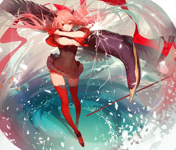 Anime picture 1000x855 with original pixiv fantasia pixiv fantasia fallen kings ask (askzy) single long hair looking at viewer red eyes pink hair full body horn (horns) girl thighhighs dress gloves animal bird (birds)