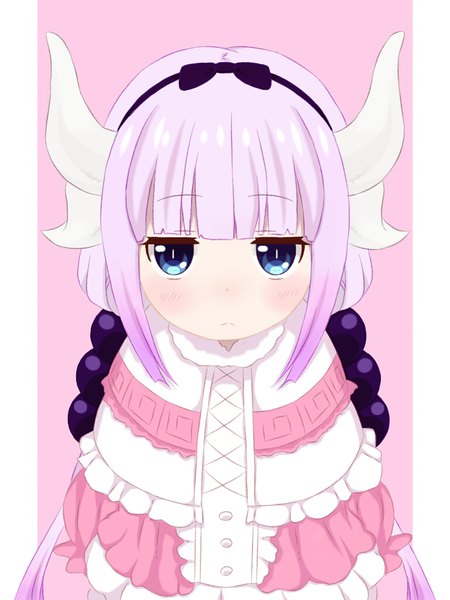 Anime picture 768x1024 with kobayashi-san chi no maidragon kyoto animation kanna kamui maro rr39 single long hair tall image looking at viewer blush fringe blue eyes simple background twintails payot purple hair upper body blunt bangs horn (horns) low twintails portrait