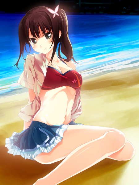 Anime picture 900x1200 with tari tari p.a. works okita sawa hinohoshi ataru long hair tall image blush light erotic black hair smile ponytail black eyes open clothes open shirt beach girl skirt hair ornament sea butterfly hair ornament