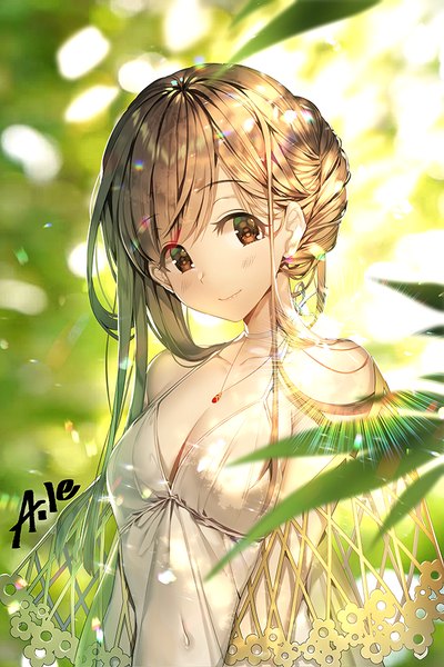 Anime picture 600x900 with original aile (crossroads) single long hair tall image looking at viewer blush fringe brown hair bare shoulders brown eyes signed cleavage upper body head tilt light smile blurry covered navel halterneck backlighting