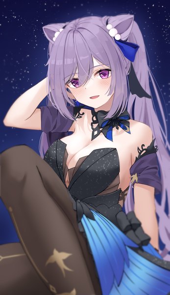 Anime picture 1672x2890 with genshin impact keqing (genshin impact) keqing (opulent splendor) (genshin impact) opm7760 single long hair tall image looking at viewer blush fringe breasts open mouth light erotic smile hair between eyes large breasts purple eyes twintails bare shoulders payot