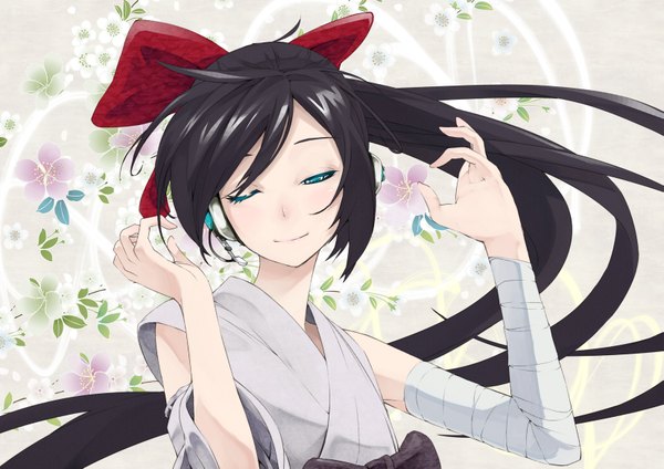 Anime picture 1653x1169 with utau nagone mako risou (maeda risou) single long hair black hair green eyes aqua eyes girl bow hair bow headphones bandage (bandages)