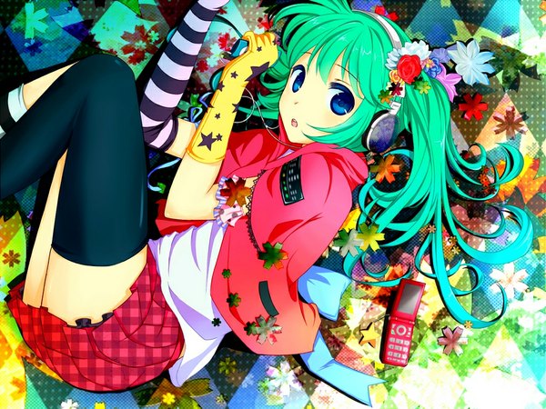 Anime picture 1024x768 with vocaloid hatsune miku single long hair open mouth aqua eyes aqua hair girl thighhighs skirt gloves flower (flowers) black thighhighs headphones leaf (leaves) phone