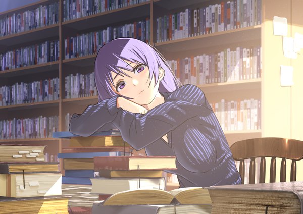 Anime picture 800x566 with original tshangen131 single looking at viewer fringe short hair hair between eyes sitting purple eyes payot purple hair upper body indoors head tilt sunlight hands clasped head rest girl book (books) turtleneck