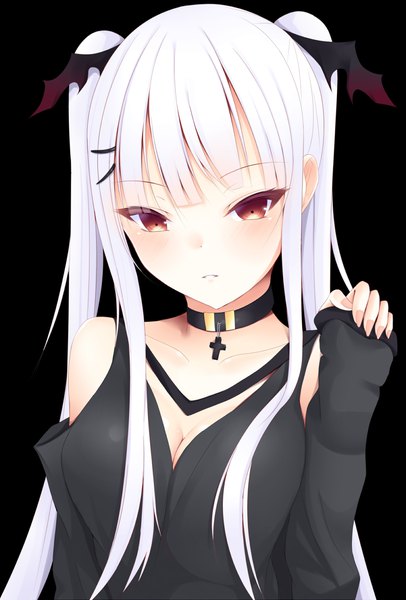 Anime picture 776x1145 with original kiseno single long hair tall image looking at viewer blush fringe breasts simple background red eyes twintails bare shoulders white hair blunt bangs arm up black background girl choker cross