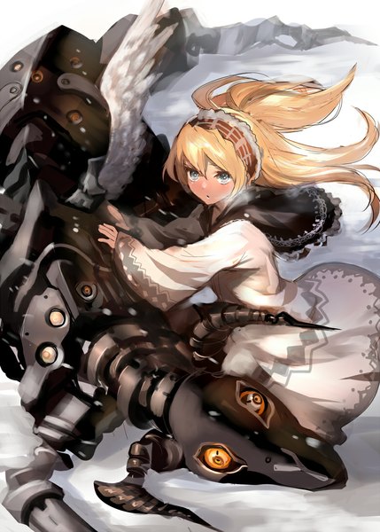 Anime picture 777x1087 with original damin (won) long hair tall image looking at viewer blush blue eyes blonde hair horn (horns) from above snowing winter snow mechanical wings girl dress wings hairband robot