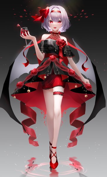 Anime picture 3120x5148 with touhou remilia scarlet yukia (yukia 777) single tall image looking at viewer fringe highres short hair open mouth simple background hair between eyes red eyes standing holding absurdres silver hair full body nail polish :d