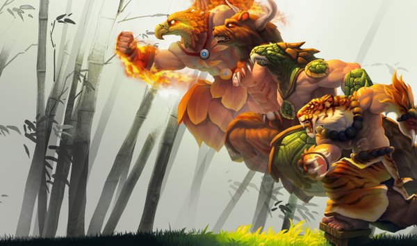 Anime picture 1215x717 with league of legends udyr (league of legends) wide image green eyes yellow eyes teeth muscle jumping sharp teeth boy plant (plants) necklace fire bamboo tiger bear turtle phoenix