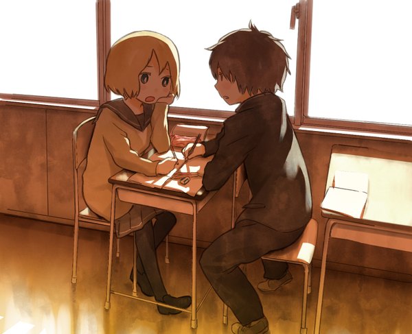 Anime picture 1474x1198 with original mizu asato blush short hair open mouth blonde hair brown hair profile head rest writing girl boy serafuku window sweater chair table pencil school eraser