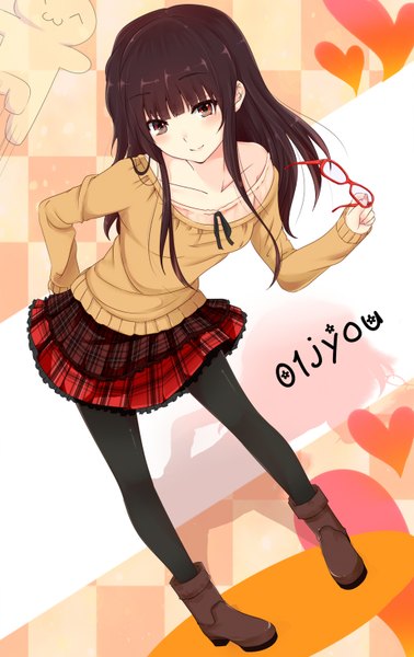 Anime picture 1000x1588 with original nuko (mikupantu) single long hair tall image looking at viewer blush black hair red eyes girl skirt miniskirt glasses boots