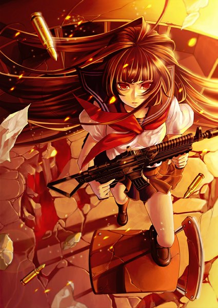 Anime picture 724x1023 with original okuma mai single long hair tall image looking at viewer red eyes brown hair girl skirt weapon socks serafuku gun black socks assault rifle cartridge