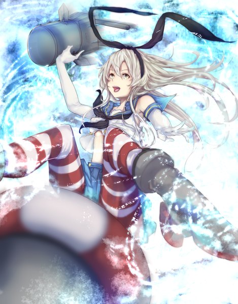 Anime picture 1280x1637 with kantai collection shimakaze destroyer rensouhou-chan marumoru long hair tall image open mouth blonde hair yellow eyes girl thighhighs gloves bow weapon hair bow miniskirt water elbow gloves shoes striped thighhighs