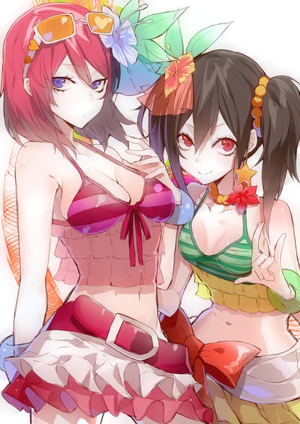 Anime picture 700x988 with love live! school idol project sunrise (studio) love live! nishikino maki yazawa nico hachizowo tall image looking at viewer fringe short hair breasts light erotic black hair smile red eyes white background purple eyes twintails multiple girls red hair