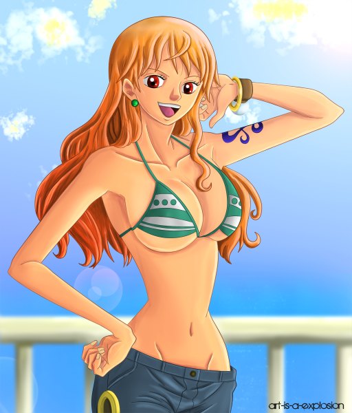 Anime picture 1024x1200 with one piece toei animation nami (one piece) art-is-a-explosion single long hair tall image open mouth light erotic smile red eyes sky cloud (clouds) sunlight orange hair midriff tattoo hand on hip coloring girl
