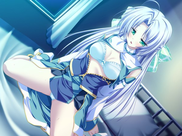 Anime picture 1600x1200 with magus tale whirlpool (studio) alicia infans tenmaso single long hair blush breasts open mouth light erotic green eyes game cg purple hair ahoge night pantyshot girl underwear panties bow