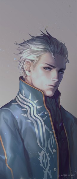 Anime picture 500x1158 with devil may cry vergil kenny single tall image looking at viewer short hair blue eyes simple background signed silver hair grey background portrait 2015 boy