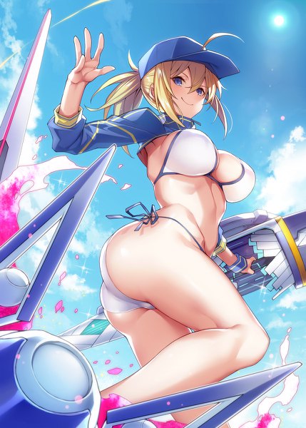 Anime picture 858x1200 with fate (series) fate/grand order artoria pendragon (all) mysterious heroine xx (foreigner) kodama yuu single long hair tall image looking at viewer fringe breasts blue eyes light erotic blonde hair smile hair between eyes large breasts standing holding payot