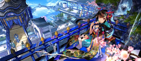 Anime picture 2000x869 with original fuzichoco long hair looking at viewer fringe highres breasts black hair smile wide image sitting purple eyes twintails multiple girls holding sky cleavage cloud (clouds) traditional clothes multiple boys
