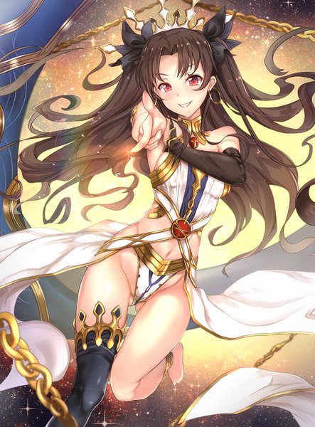 Anime picture 1124x1520 with fate (series) fate/grand order ishtar (fate) untue single long hair tall image looking at viewer fringe breasts light erotic smile red eyes brown hair bent knee (knees) arm up two side up floating hair ass visible through thighs asymmetrical clothes