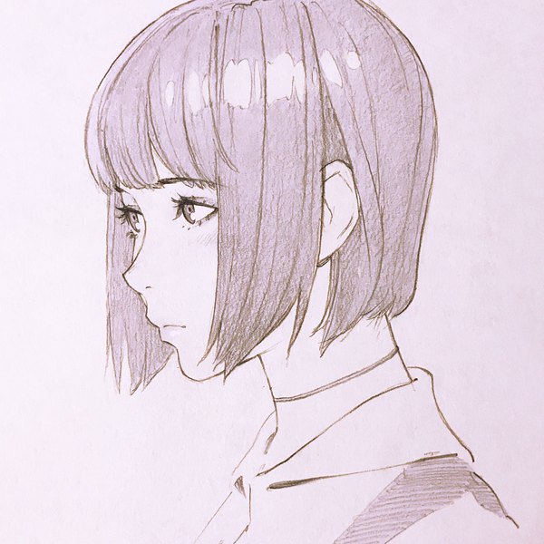 Anime picture 1080x1080 with original ilya kuvshinov single fringe short hair simple background looking away blunt bangs monochrome portrait traditional media graphite (medium) girl choker