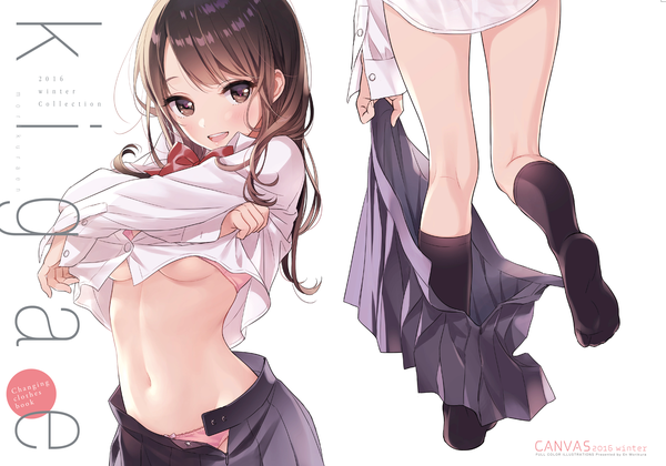 Anime picture 1721x1205 with original morikura en long hair looking at viewer blush highres breasts open mouth light erotic simple background smile brown hair white background brown eyes signed :d pleated skirt underboob undressing multiview