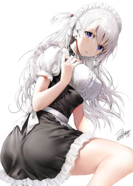 Anime picture 1430x2000 with original iori (cpeilad) single long hair tall image looking at viewer blush fringe simple background hair between eyes white background sitting purple eyes signed ass white hair nail polish short sleeves maid puffy sleeves