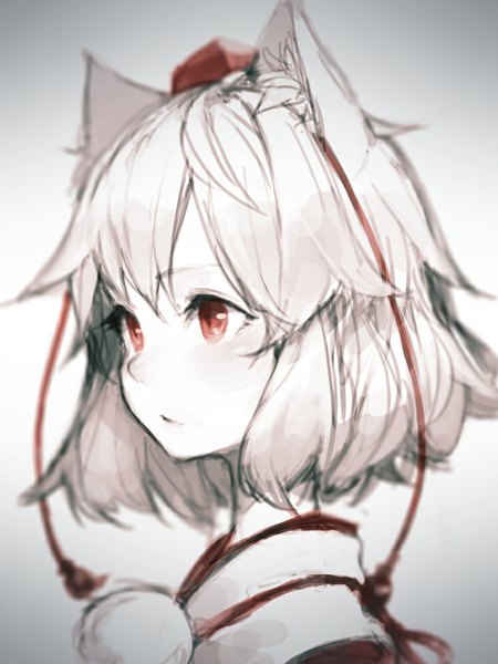 Anime picture 750x1000 with touhou inubashiri momiji junwool single tall image fringe short hair simple background red eyes animal ears looking away silver hair grey background portrait wolf ears wolf girl girl tokin hat