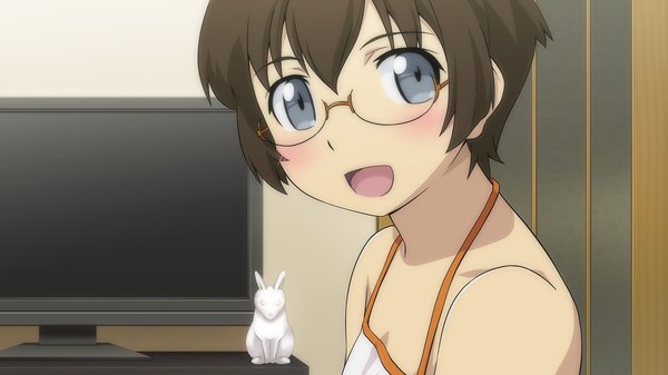 Anime picture 1280x720 with ore no imouto ga konna ni kawaii wake ga nai tamura manami looking at viewer blush short hair open mouth brown hair wide image game cg grey eyes girl glasses